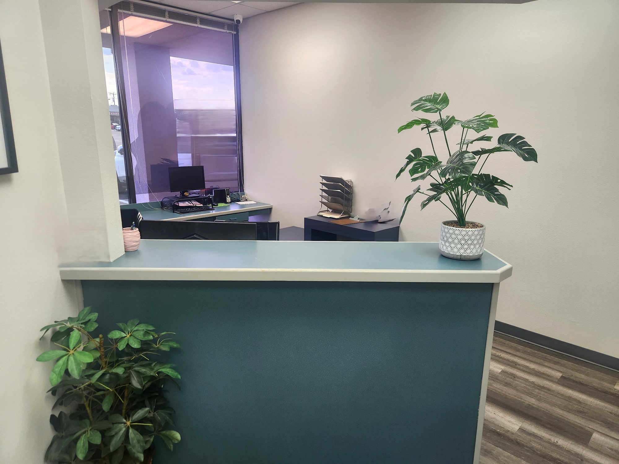 White walls with grey baseboards. A build in peninsula desk has a couple plants on and in-front of it. Looks into the front office. Wood-look flooring.
