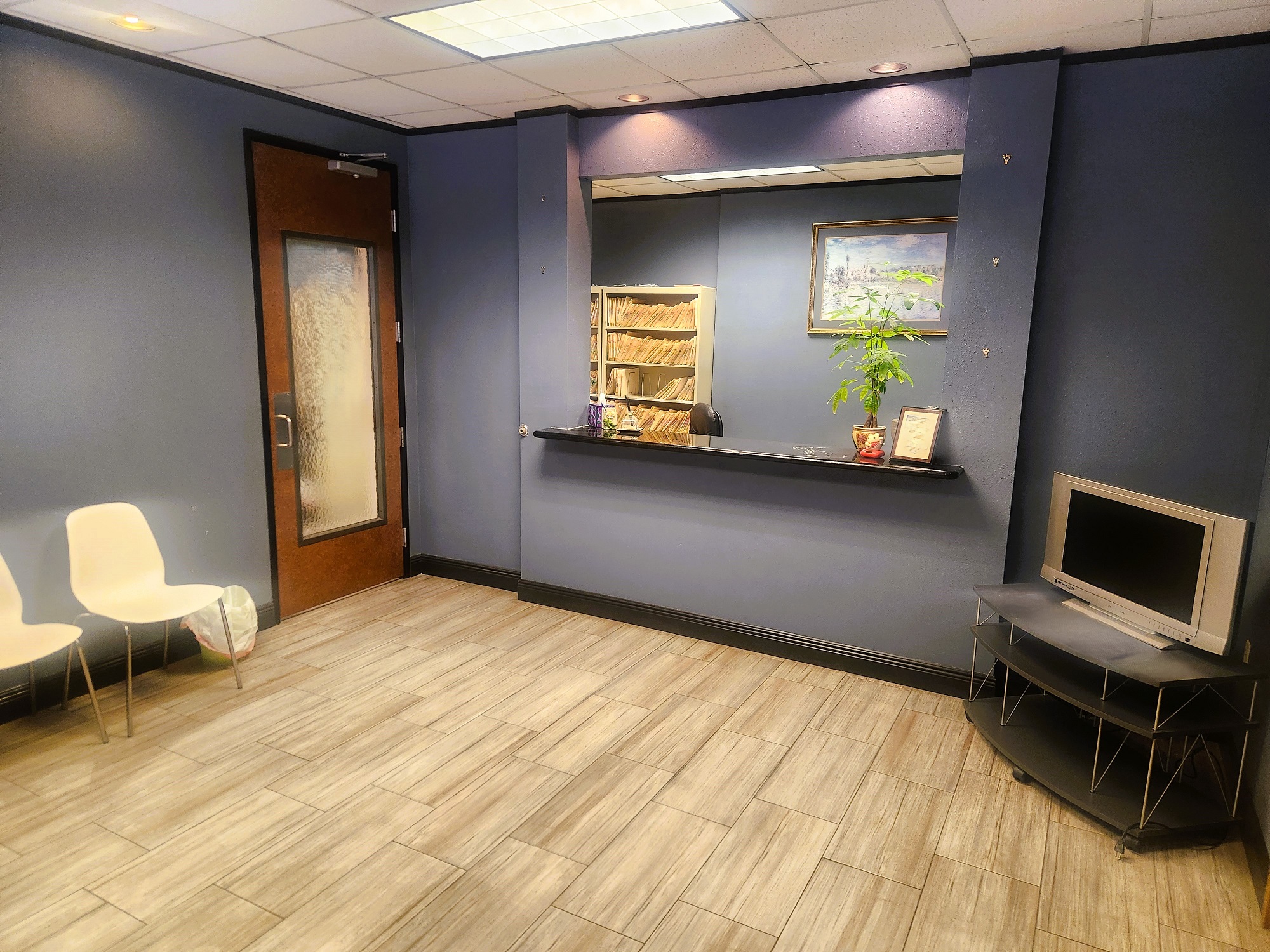 Blue walls with dark trim. Light wood flooring. Tan chairs along one wall with a flat screen tv sitting on a coffee table across the way. Reception window on the main wall. Stained wood door with opaque glass leading to the back of the practice.