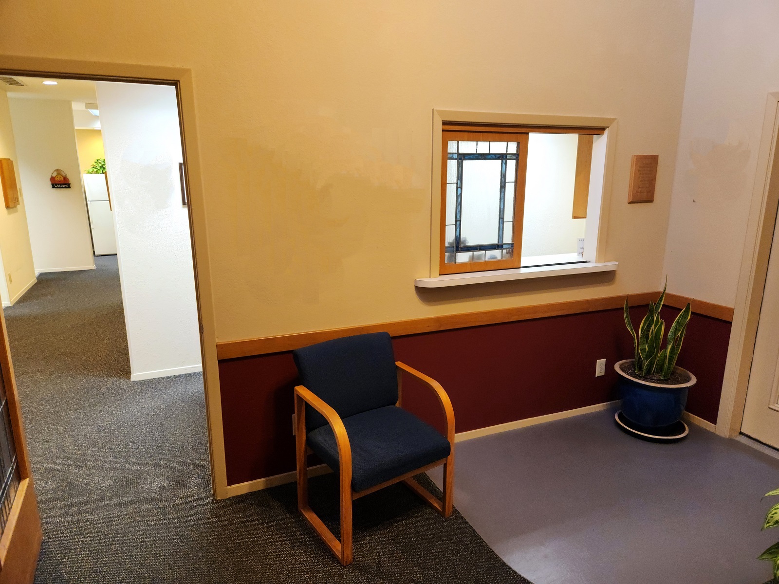 Reception window and entry to the back of the parctice. Tan walls with light trim work, natural wood stained chair rail and red paint below the chair rail. Blue multicolor commercial carpet. Reception window to the front desk with the half of the window that doesn't move covered with a stained glass panel. There's a large pot with a snake plant sitting in the corner next to the window. A doorway leading to the back of the practice shows white walls and a long hallway.