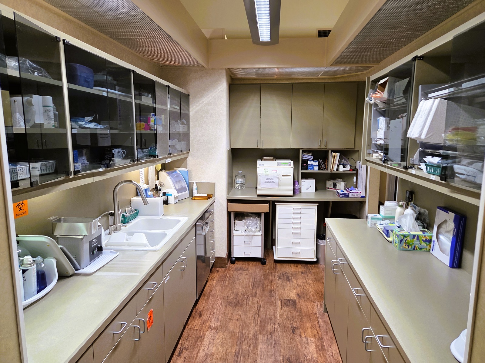 Light tan walls with matching color cabinetry and countertops. Dark wood look flooring. Upper cabinets with tinted glass doors give it and open and clean feel with a double sink and lots of dental supplies and tools in the shelves and on the counter.