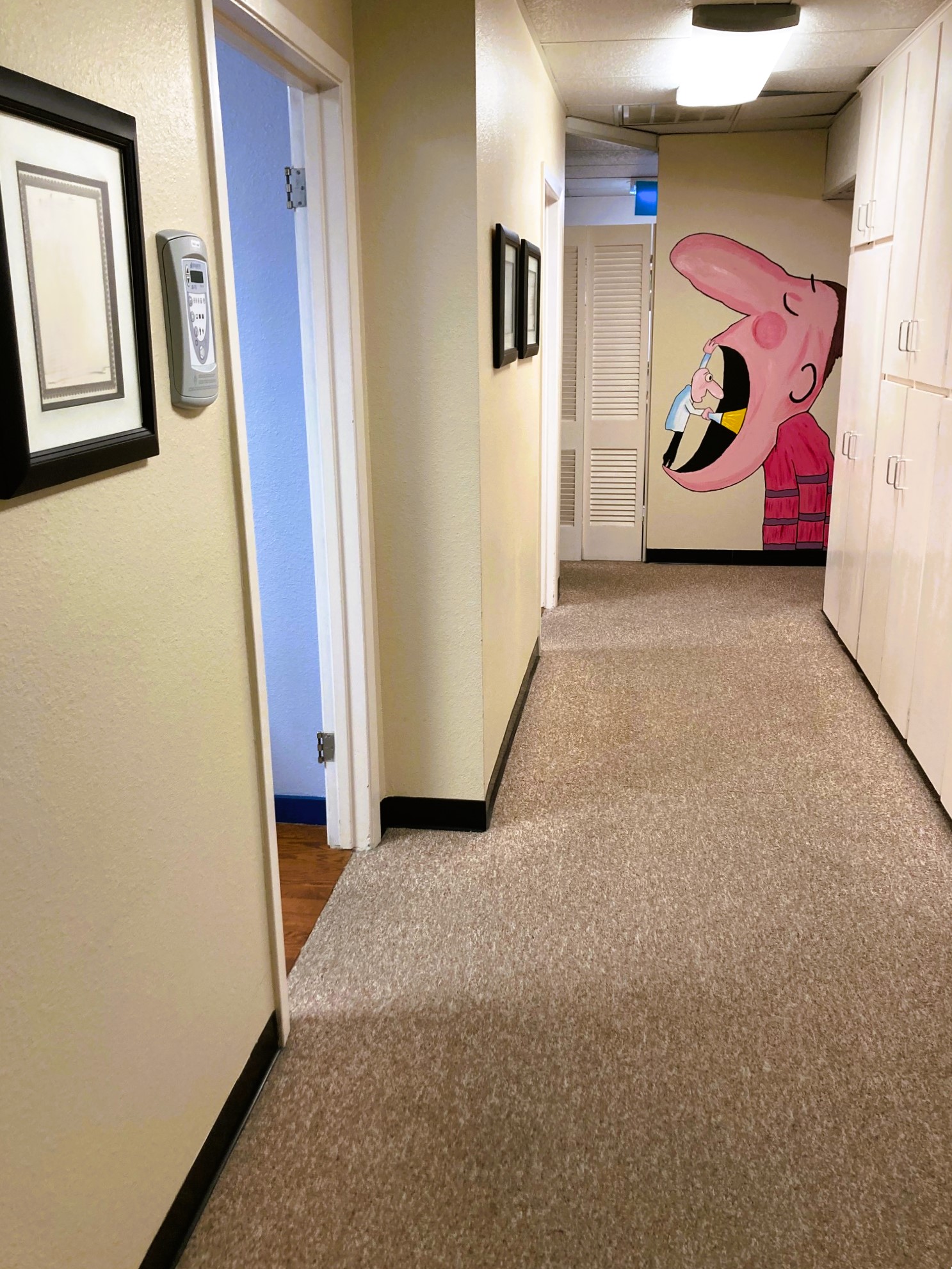 Tan walls with white door casing and black base boards. Tan commercial carpet runs down the hallway. Framed diplomas line the wall and a large mural is at the end of the hallway.