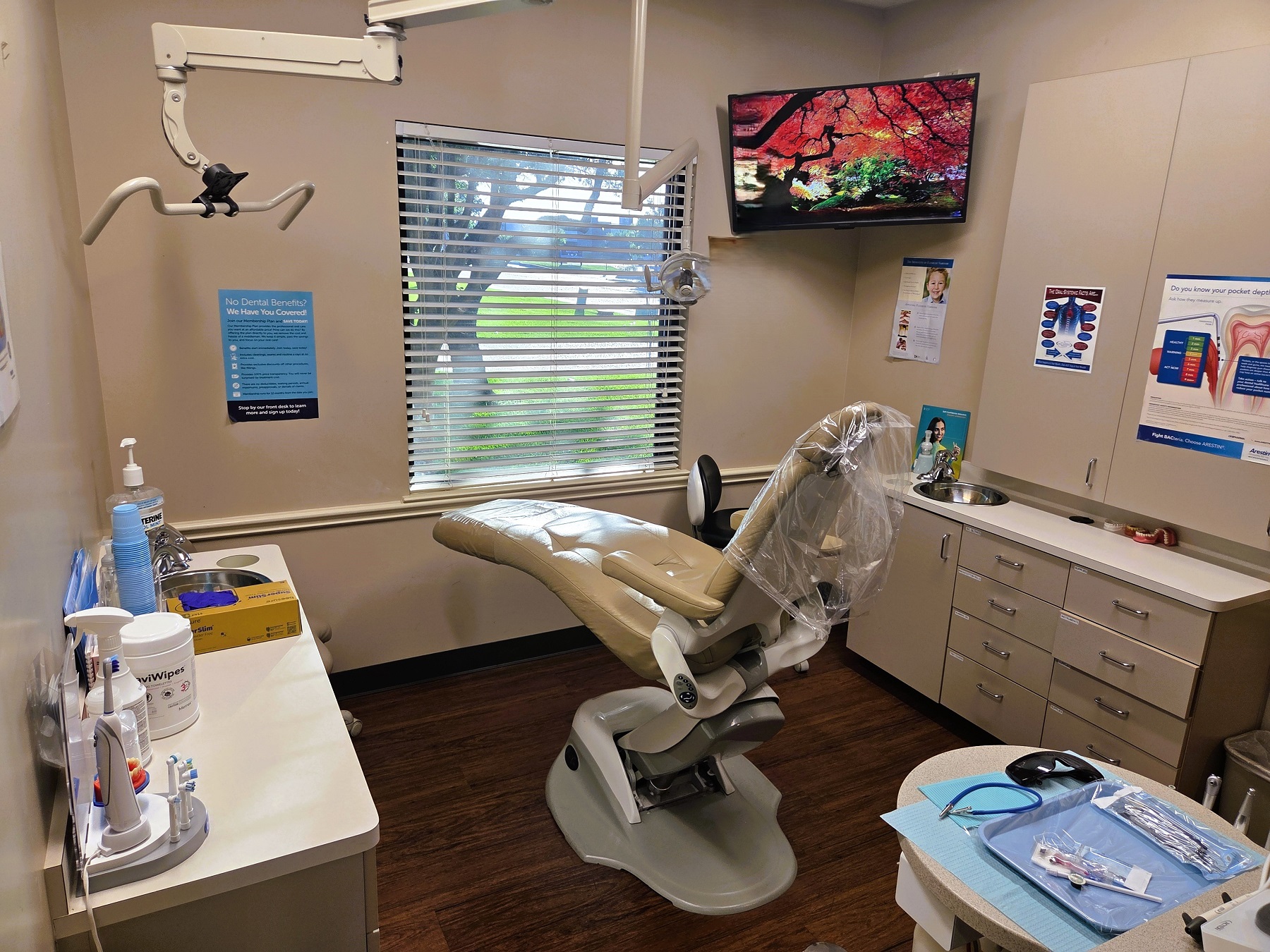 Beige walls and cabinetry with white countertops and stainless steel sink. Large framed artwork on the wall. A dental procedural chair anchors the room with overhead dental lighting and rolling dental stools and equipment trays. There's lots of space for tools,, equipment and supplies.