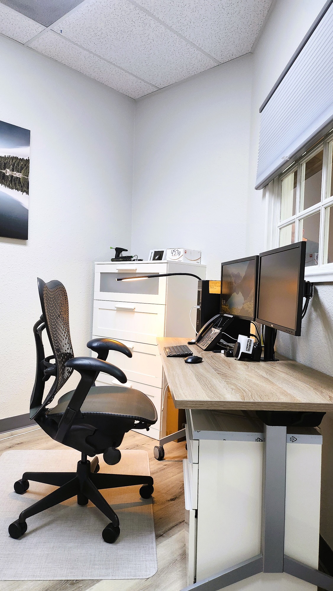 Light grey walls with dark baseboards and Large artwork on the wall. Wood-look vinyl flooring matches the desk and a rolling matt sits under the rolling desk chair. A white and grey filing cabinet sits in the back corner. A long desk holds a large computer screen and office equipment.