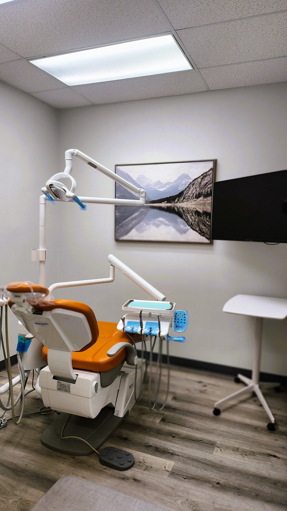 light grey walls with dark baseboards and a piece of large framed artwork. An orange-brown dental operatory chair anchors the room with an overhead dental light.