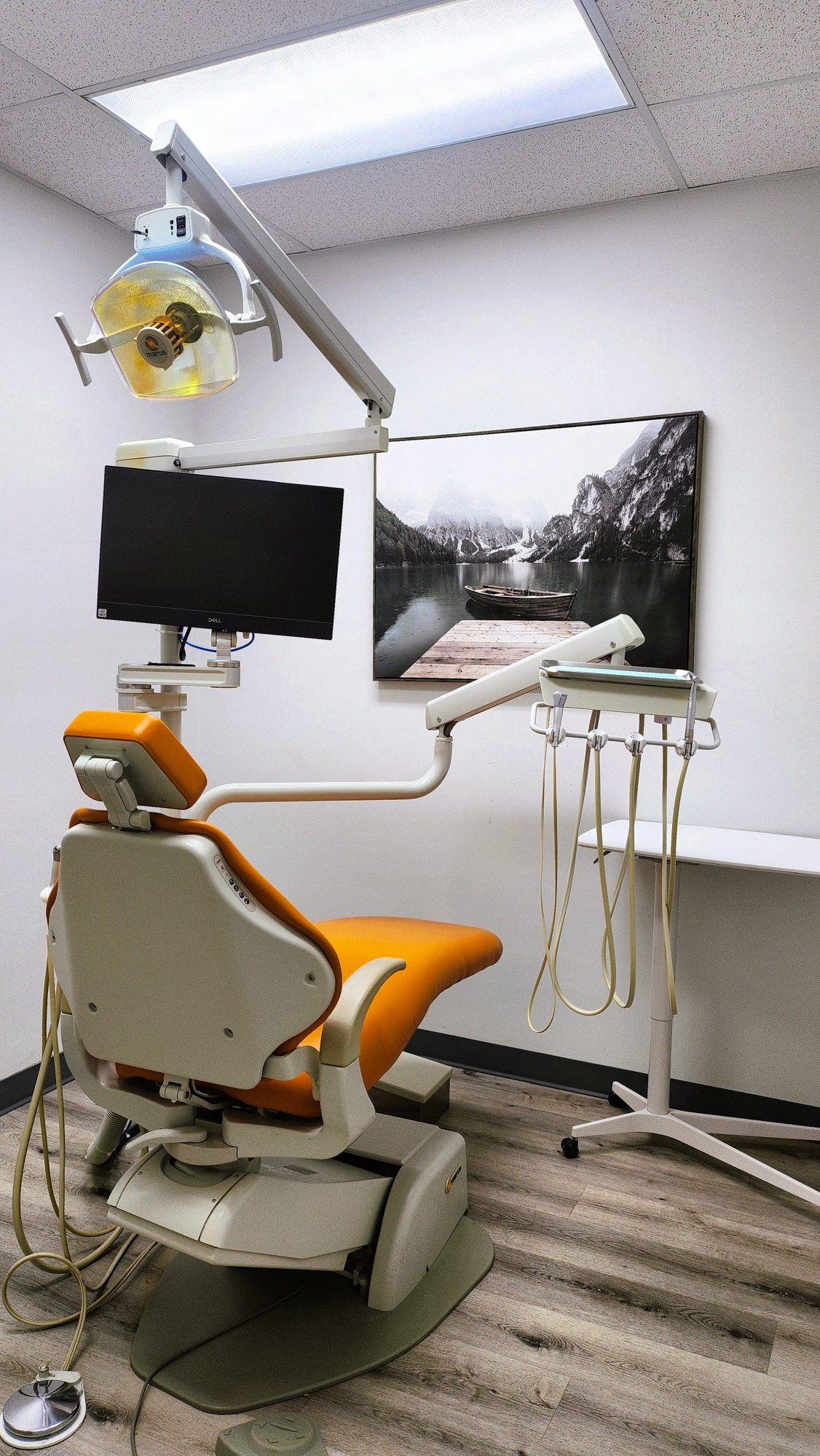 light grey walls with dark baseboards and a piece of large framed artwork. An orange-brown dental operatory chair anchors the room with an overhead dental light.