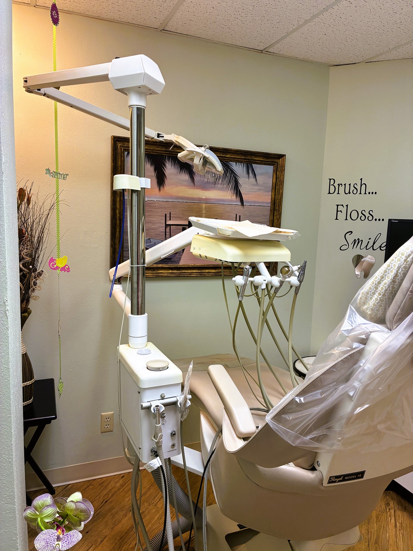 Light walls with a huge picture window looking out onto the tree tops. Hardwood flooring with a light dental procedural chair anchoring the room with overhead dental lighting. Rolling dental stool and carts surround the chair with lots of dental tools and equipment. The room is flooded with lots of natural light.