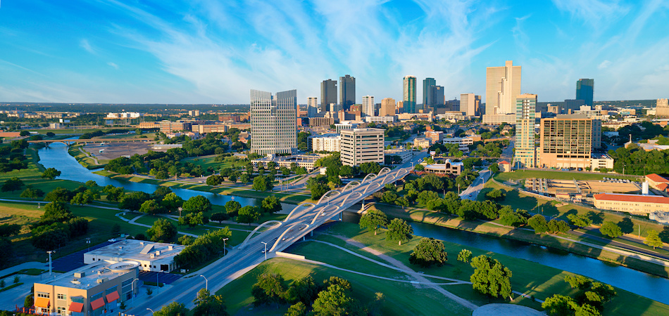 Beautiful aerial view of the Fort Worth skyline.